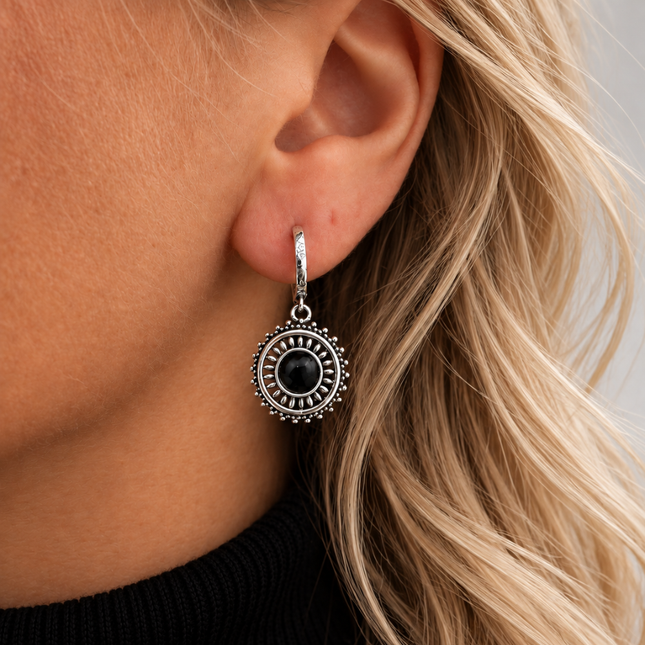Oorbellen Flower Onyx - 925 zilver