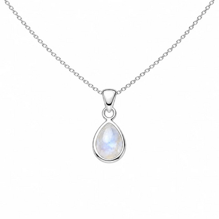 prachtige zilveren ketting met een maansteen druppelvorm hanger. prachtige basic ketting met mooie betekenis.