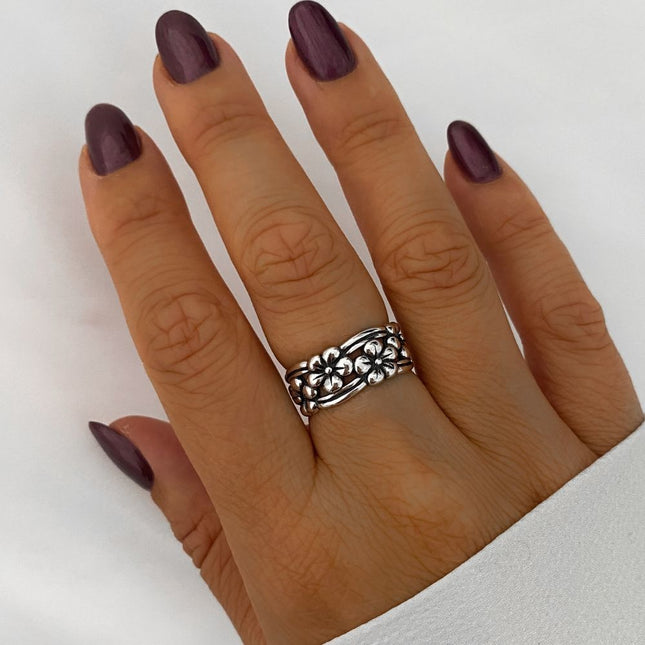 My Unique Style Ring Boho Silver Flowers - 925 zilver